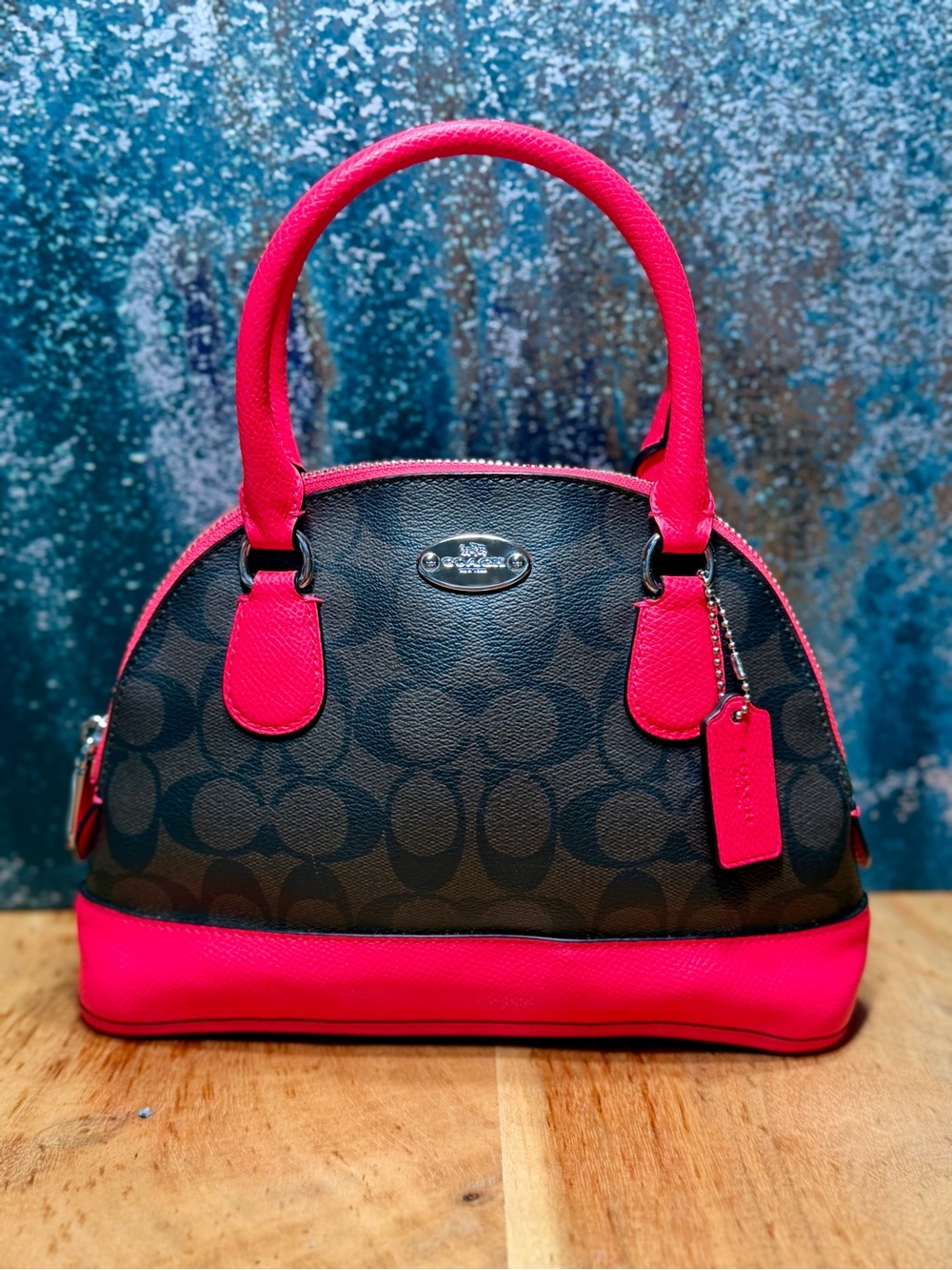 Coach Barbiecore 2014 Mini Cora Domed Satchel Brown Canvas Neon Pink